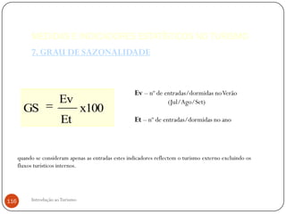 MEDIDAS E INDICADORES ESTATÍSTICOS NO TURISMO
           7. GRAU DE SAZONALIDADE



                                                       Ev – nº de entradas/dormidas no Verão
                       Ev                                            (Jul/Ago/Set)
        GS                         x100
                        Et                             Et – nº de entradas/dormidas no ano



      quando se consideram apenas as entradas estes indicadores reflectem o turismo externo excluindo os
      fluxos turísticos internos.




116        Introdução ao Turismo
 