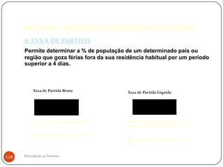 MEDIDAS E INDICADORES ESTATÍSTICOS NO TURISMO
      8. TAXA DE PARTIDA
      Permite determinar a % de população de um determinado país ou
      região que goza férias fora da sua residência habitual por um período
      superior a 4 dias.



           Taxa de Partida Bruta                       Taxa de Partida Líquida

                            V                                             Pf
            TP(b)                x 100                     TP(l)                x 100
                           Pt                                             Pt
         V – nº de viagens efectuadas no período em    Pf – nº de pessoas que partem para férias fora
         estudo                                        da área de residência habitual pelo menos uma
                                                       vez
         Pt – população total do país com mais de 15
         anos                                          Pt – população total do país com mais de 15
                                                       anos


118   Introdução ao Turismo
 
