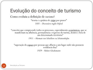 Evolução do conceito de turismo
     Como evoluiu a definição de turismo?
                             “teoria e a prática de viajar por prazer”
                                 1881 – Dicionário inglês Oxford

      “conceito que compreende todos os processos, especialmente económicos, que se
          manifestam na afluência, permanência e regresso do turista, dentro e fora de
                                  um determinado território”
                        1911 – Herman von Schullern zu Schattenhofen

          “superação do espaço por pessoas que afluem a um lugar onde não possuem
                                        residência fixa”
                                  1929 – Robert Glucksmann




18   Introdução ao Turismo
 