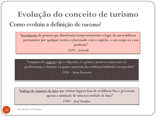 Evolução do conceito de turismo
     Como evoluiu a definição de turismo?
          “movimento de pessoas que abandonam temporariamente o lugar da sua residência
            permanente por qualquer motivo relacionado com o espírito, o seu corpo ou a sua
                                             profissão”
                                         1929 – Schwink




         “tráfego de viajantes de luxo que visitam lugares fora de residência fixa e procuram
                              apenas a satisfação de uma necessidade de luxo”
                                          1930 – Josef Stradner

19      Introdução ao Turismo
 