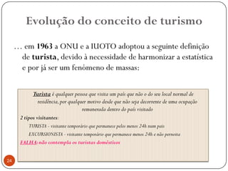 Evolução do conceito de turismo
     … em 1963 a ONU e a IUOTO adoptou a seguinte definição
      de turista, devido à necessidade de harmonizar a estatística
      e por já ser um fenómeno de massas:

            Turista é qualquer pessoa que visita um país que não o do seu local normal de
              residência, por qualquer motivo desde que não seja decorrente de uma ocupação
                                    remunerada dentro do país visitado
      2 tipos visitantes:
          TURISTA - visitante temporário que permanece pelos menos 24h num pais
          EXCURSIONISTA - visitante temporário que permanece menos 24h e não pernoita
      FALHA: não contempla os turistas domésticos


24      Introdução ao Turismo
 