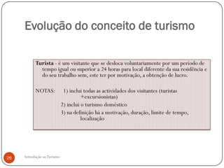 Evolução do conceito de turismo

           Turista - é um visitante que se desloca voluntariamente por um período de
             tempo igual ou superior a 24 horas para local diferente da sua residência e
             do seu trabalho sem, este ter por motivação, a obtenção de lucro.

           NOTAS:             1) inclui todas as actividades dos visitantes (turistas
                                       +excursionistas)
                             2) inclui o turismo doméstico
                             3) na definição há a motivação, duração, limite de tempo,
                                       localização




26   Introdução ao Turismo
 