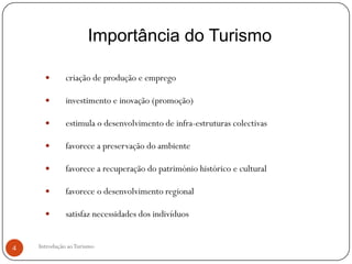 Importância do Turismo

             criação de produção e emprego

             investimento e inovação (promoção)

             estimula o desenvolvimento de infra-estruturas colectivas

             favorece a preservação do ambiente

             favorece a recuperação do património histórico e cultural

             favorece o desenvolvimento regional

             satisfaz necessidades dos indivíduos


4   Introdução ao Turismo
 