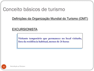 Conceito básicos de turismo
       Definições da Organização Mundial do Turismo (OMT)


       EXCURSIONISTA

                Visitante temporário que permanece no local visitado,
                fora da residência habitual, menos de 24 horas




40   Introdução ao Turismo
 