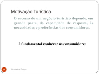 Motivação Turística
         O sucesso de um negócio turístico depende, em
         grande parte, da capacidade de resposta, às
         necessidades e preferências dos consumidores.



               é fundamental conhecer os consumidores




48   Introdução ao Turismo
 