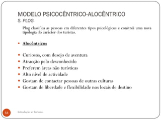 MODELO PSICOCÊNTRICO-ALOCÊNTRICO
     S. PLOG
         Plog classifica as pessoas em diferentes tipos psicológicos e constrói uma nova
         tipologia do carácter dos turistas.

      Alocêntricos


        Curiosos, com desejo de aventura
        Atracção pelo desconhecido
        Preferem áreas não turísticas
        Alto nível de actividade
        Gostam de contactar pessoas de outras culturas
        Gostam de liberdade e flexibilidade nos locais de destino



54   Introdução ao Turismo
 