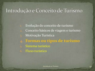 1. Evolução do conceito de turismo
2. Conceito básicos de viagem e turismo
3. Motivação Turística
4. Formas ou tipos de turismo
5. Sistema turístico
6. Fluxo turístico




              Introdução ao Turismo       57
 