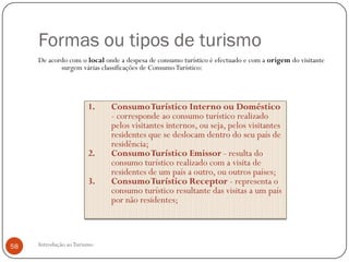 Formas ou tipos de turismo
     De acordo com o local onde a despesa de consumo turístico é efectuado e com a origem do visitante
            surgem várias classificações de Consumo Turístico:




                        1.   Consumo Turístico Interno ou Doméstico
                             - corresponde ao consumo turístico realizado
                             pelos visitantes internos, ou seja, pelos visitantes
                             residentes que se deslocam dentro do seu país de
                             residência;
                        2.   Consumo Turístico Emissor - resulta do
                             consumo turístico realizado com a visita de
                             residentes de um país a outro, ou outros países;
                        3.   Consumo Turístico Receptor - representa o
                             consumo turístico resultante das visitas a um país
                             por não residentes;



58   Introdução ao Turismo
 