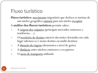 Fluxo turístico
     Fluxo turístico: movimento migratório que desloca os turistas de
         um núcleo geográfico emissor para um núcleo receptor.
     A análise dos fluxos turísticos permite saber:
     1.  A origem dos viajantes (principais mercados emissores e
         tendências …)
     2.  O território de destino (através das noites dormidas em cada
         lugar sabemos se é mono destino ou multi-destino)
     3.  A duração da viagem (demonstra o nível de gasto)
     4.  A distância entre núcleos emissores e receptores
     5.  O meio de transporte utilizado



81   Introdução ao Turismo
 