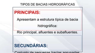 PRINCIPAIS:
Apresentam a estrutura típica de bacia
hidrográfica:
Rio principal, afluentes e subafluentes.
SECUNDÁRIAS:
TIPOS DE BACIAS HIDROGRÁFICAS
 