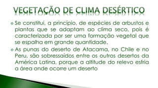 Se constitui, a princípio, de espécies de arbustos e
plantas que se adaptam ao clima seco, pois é
caracterizada por ser uma formação vegetal que
se espalha em grande quantidade.
As punas do deserto de Atacama, no Chile e no
Peru, são sobressaídos entre os outros desertos da
América Latina, porque a altitude do relevo esfria
a área onde ocorre um deserto
 