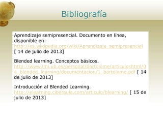 Bibliografía
Aprendizaje semipresencial. Documento en línea,
disponible en:
http://es.wikipedia.org/wiki/Aprendizaje_semipresencial
[ 14 de julio de 2013]
Blended learning. Conceptos básicos.
http://www.lmi.ub.es/personal/bartolome/articuloshtml/0
4_blended_learning/documentacion/1_bartolome.pdf [ 14
de julio de 2013]
Introducción al Blended Learning.
http://elearning.ciberaula.com/articulo/blearning/ [ 15 de
julio de 2013]
 