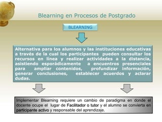 Blearning en Procesos de Postgrado
BLEARNING
Alternativa para los alumnos y las instituciones educativas
a través de la cual los participantes pueden consultar los
recursos en línea y realizar actividades a la distancia,
asistiendo esporádicamente a encuentros presenciales
para ampliar contenidos, profundizar información,
generar conclusiones, establecer acuerdos y aclarar
dudas.
Implementar Blearning requiere un cambio de paradigma en donde el
docente ocupe el lugar de Facilitador o tutor y el alumno se convierta en
participante activo y responsable del aprendizaje.
 