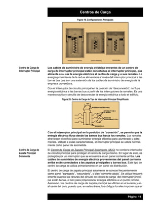 Centros de Carga
Figura 19. Configuraciones Principales

Centro de Carga de
Interruptor Principal

Los cables de suministro de energía eléctrica entrantes de un centro de
carga de interruptor principal están conectados al interruptor principal, que
alimenta a su vez la energía eléctrica al centro de carga y a sus ramales. La
energía proveniente de la red es alimentada a través del interruptor principal a las
barras bus que son una extensión de los cables de suministro de energía de la
empresa proveedora.
Con el interruptor de circuito principal en la posición de “desconexión”, no fluye
energía eléctrica a las barras bus a partir de los interruptores de ramales. Es una
manera rápida y sencilla de desconectar la energía eléctrica a todo el edificio.
Figura 20. Centro de Carga de Tipo de Interruptor Principal Simplificado

Con el interruptor principal en la posición de “conexión”, se permite que la
energía eléctrica fluya desde las barras bus hasta los ramales. Los ramales
atraviesan el edificio para suministrar energía eléctrica para alumbrado y aditamentos. Debido a estas características, el interruptor principal se utiliza normalmente como panel de acometida.
Centro de Carga de
Zapata Principal
Solamente

El Centro de Carga de Zapata Principal Solamente (MLO) no contiene interruptor
de circuito principal para proteger el centro de carga mismo. En lugar de esto, es
protegido por un interruptor que se encuentra en un panel corriente arriba. Los
cables de suministro de energía eléctrica provenientes del panel corriente
arriba están conectados a las zapatas principales y barras bus. Este tipo de
centro de carga se utiliza primariamente en un panel de distribución.
El centro de carga de zapata principal solamente se conoce frecuentemente
como panel “agregado”, “secundario”, o bien “corriente abajo”. Se utiliza frecuentemente cuando las ranuras del circuito de centro de carga del interruptor principal están llenas, o bien para proporcionar energía eléctrica a un punto remoto.
Asimismo, los centros de carga de zapata principal se utilizan en el sureste y en
el oeste del país, puesto que, en estas áreas, los códigos locales imponen que el

Página 19

 