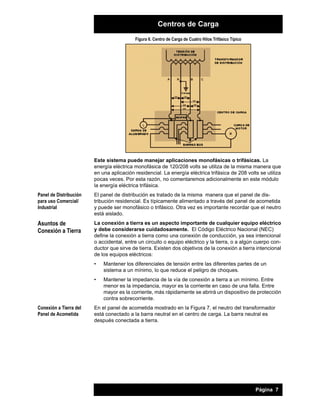 Centros de Carga
Figura 6. Centro de Carga de Cuatro Hilos Trifásico Típico

Este sistema puede manejar aplicaciones monofásicas o trifásicas. La
energía eléctrica monofásica de 120/208 volts se utiliza de la misma manera que
en una aplicación residencial. La energía eléctrica trifásica de 208 volts se utiliza
pocas veces. Por esta razón, no comentaremos adicionalmente en este módulo
la energía eléctrica trifásica.
Panel de Distribución
para uso Comercial/
Industrial

El panel de distribución es tratado de la misma manera que el panel de distribución residencial. Es típicamente alimentado a través del panel de acometida
y puede ser monofásico o trifásico. Otra vez es importante recordar que el neutro
está aislado.

Asuntos de
Conexión a Tierra

La conexión a tierra es un aspecto importante de cualquier equipo eléctrico
y debe considerarse cuidadosamente. El Código Eléctrico Nacional (NEC)
define la conexión a tierra como una conexión de conducción, ya sea intencional
o accidental, entre un circuito o equipo eléctrico y la tierra, o a algún cuerpo conductor que sirve de tierra. Existen dos objetivos de la conexión a tierra intencional
de los equipos eléctricos:
•
•

Conexión a Tierra del
Panel de Acometida

Mantener los diferenciales de tensión entre las diferentes partes de un
sistema a un mínimo, lo que reduce el peligro de choques.
Mantener la impedancia de la vía de conexión a tierra a un mínimo. Entre
menor es la impedancia, mayor es la corriente en caso de una falla. Entre
mayor es la corriente, más rápidamente se abrirá un dispositivo de protección
contra sobrecorriente.

En el panel de acometida mostrado en la Figura 7, el neutro del transformador
está conectado a la barra neutral en el centro de carga. La barra neutral es
después conectada a tierra.

Página 7

 
