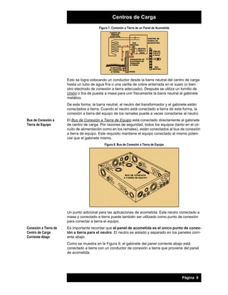 Centros de Carga
Figura 7. Conexión a Tierra de un Panel de Acometida

Esto se logra colocando un conductor desde la barra neutral del centro de carga
hasta un tubo de agua fría o una varilla de cobre enterrada en el suelo (o bien
otro electrodo de conexión a tierra adecuado). Después se utiliza un tornillo de
Unión o tira de puesta a masa para unir físicamente la barra neutral al gabinete
metálico.
De esta forma, la barra neutral, el neutro del transformador y el gabinete están
conectados a tierra. Cuando el neutro está conectado a tierra de esta forma, la
conexión a tierra del equipo de los ramales puede a veces conectarse al neutro.
Bus de Conexión a
Tierra de Equipo

El Bus de Conexión a Tierra de Equipo está conectado directamente al gabinete
de centro de carga. Por razones de seguridad, todos los equipos (tanto en el circuito de alimentación como en los ramales), están conectados al bus de conexión
a tierra de equipo. Este requisito mantiene el equipo conectado al mismo potencial que el gabinete mismo.
Figura 8. Bus de Conexión a Tierra de Equipo

Un punto adicional para las aplicaciones de acometida: Este neutro conectado a
masa y conectado a tierra puede también ser utilizado como punto de conexión
para conectar a tierra el equipo.
Conexión a Tierra de
Centro de Carga
Corriente Abajo

Es importante recordar que el panel de acometida es el único punto de conexión a tierra para el neutro. El neutro es aislado y separado en los paneles corriente abajo.
Como se muestra en la Figura 9, el gabinete del panel corriente abajo está
conectado a tierra con un conductor de conexión a tierra que proviene del panel
de acometida.

Página 8

 