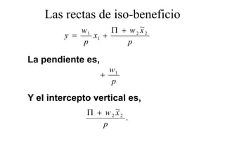 Las rectas de iso-beneficio
             w1      Π + w 2 ~2
                             x
         y =    x1 +
             p           p

La pendiente es
             es,
                     w1
                   +
                     p

Y el intercepto vertical es
                         es,
              Π + w 2 ~2
                      x
                         .
                  p
 