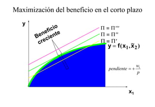 Maximización del beneficio en el corto plazo
                                       p
   y
                             Π ≡ Π ′′′
                             Π ≡ Π ′′
                             Π ≡ Π′
                                 Π′          ~
                                y = f ( x1 , x 2 )


                                              w1
                                pendiente = +
                                   d
                                              p



                                           x1
 