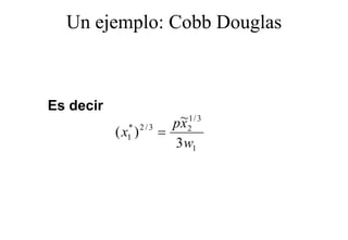 Un ejemplo: Cobb Douglas
      j p             g



Es decir
                        ~1/ 3
                       p x2
             * 2/3
           (x )
             1       =
                       3 w1
 