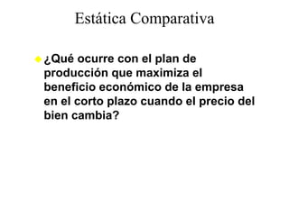 Estática Comparativa
                 p

¿Qué ocurre con el plan de
producción que maximiza el
beneficio económico de la empresa
en el corto plazo cuando el precio del
bien cambia?
 