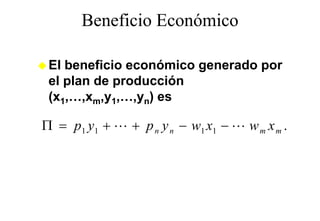 Beneficio Económico

 El beneficio económico generado por
 el plan de producción
 (x1,…,xm,y1,…,yn) es

Π = p1 y1 + L + p n y n − w1 x1 − L w m x m .
 