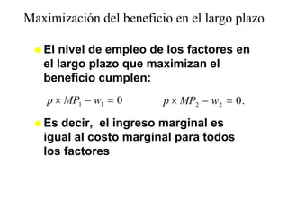 Maximización del beneficio en el largo plazo
                                    g p

   El nivel de empleo de los factores en
   el largo plazo que maximizan el
   beneficio cumplen:
   b     fi i      l
    p × MP1 − w1 = 0     p × MP2 − w 2 = 0 .

   Es decir el ingreso marginal es
      decir,
   igual al costo marginal para todos
   los f t
   l factores
 