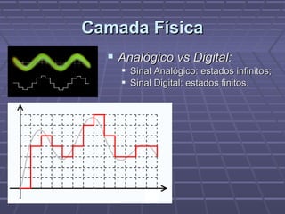 Camada FísicaCamada Física
 Analógico vs Digital:Analógico vs Digital:
 Sinal Analógico: estados infinitos;Sinal Analógico: estados infinitos;
 Sinal Digital: estados finitos.Sinal Digital: estados finitos.
 