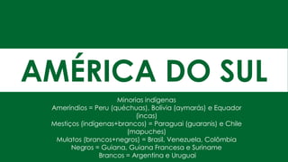 Minorias indígenas
Ameríndios = Peru (quéchuas), Bolívia (aymarás) e Equador
(incas)
Mestiços (indígenas+brancos) = Paraguai (guaranis) e Chile
(mapuches)
Mulatos (brancos+negros) = Brasil, Venezuela, Colômbia
Negros = Guiana, Guiana Francesa e Suriname
Brancos = Argentina e Uruguai
AMÉRICA DO SUL
 