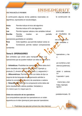 TECNOLOGÍA E INFORM                                                   ATICA, GRADO 11

A continuación, algunas de las palabras reservadas en                 la construcción de
algoritmos, expresados en seudocódigos.


Inicio         Permite indicar el inicio del algoritmo
Fin            Permite indicar el Fin del algoritmo
Lea            Permite ingresar valores a las variables indicad       as en esta
Escriba        Permite       mostrar       en             pantalla    oa     resultados   de
               impresor
operaciones guardadas en variables                                   ces una operación
Para           Ciclo repetitivo, que permite realizar varias ve      entre variables o
Si             Condicional, permite realizar comparaciones
constantes


Tema 6: OPERADORES                                                    operadores y las
Son símbolos que sirven para manipular datos. Los                     n:
operaciones que se pueden realizar con ellos se clasifican e
                                                                      po numérico y dan
 Aritméticos: Posibilitan las operaciones entre datos de ti          otencia (potencia);
como resultado otro valor de tipo numérico. Ejemplo: p                ).
producto (*); división (/); suma (+); resta (-); asignación( =        rácter o cadenas.
                                                                      La
 Alfanuméricos: Permiten operar con datos de tipo ca
                                                                      l operador + para
mayoría de los lenguajes de programación admiten e
                                                                      s.
realizar la concatenación (unión) de caracteres o cadena
                                                                           mismo tipo y dan
 Relaciónales: Permiten la comparación entre datos del
                                                                      Falso. Ejemplo:
como resultado dos valores posibles: Verdadero o                      igual a
(=); menor que (<); mayor que (>).


Orden de evaluación de los operadores                                 predeterminado. El
Los computadores ejecutan los operadores en un orden
siguiente es el orden (jerarquía) para ejecutar operadores:


          1. Paréntesis (se ejecutan primero los más internos)
 