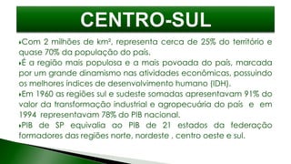 Com 2 milhões de km², representa cerca de 25% do território e
quase 70% da população do país.
É a região mais populosa e a mais povoada do país, marcada
por um grande dinamismo nas atividades econômicas, possuindo
os melhores índices de desenvolvimento humano (IDH).
Em 1960 as regiões sul e sudeste somadas apresentavam 91% do
valor da transformação industrial e agropecuária do país e em
1994 representavam 78% do PIB nacional.
PIB de SP equivalia ao PIB de 21 estados da federação
formadores das regiões norte, nordeste , centro oeste e sul.
 