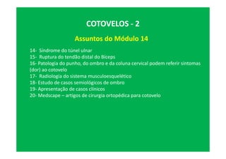 Assuntos do Módulo 14
COTOVELOS - 2
14- Síndrome do túnel ulnar
15- Ruptura do tendão distal do Bíceps
16- Patologia do punho, do ombro e da coluna cervical podem referir sintomas
(dor) ao cotovelo
17- Radiologia do sistema musculoesquelético
18- Estudo de casos semiológicos de ombro
19- Apresentação de casos clínicos
20- Medscape – artigos de cirurgia ortopédica para cotovelo
 