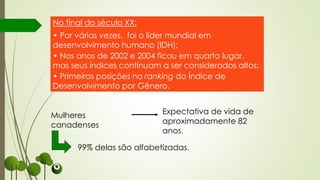 No final do século XX:
• Por várias vezes, foi o líder mundial em
desenvolvimento humano (IDH);
• Nos anos de 2002 e 2004 ficou em quarto lugar,
mas seus índices continuam a ser considerados altos;
• Primeiras posições no ranking do Índice de
Desenvolvimento por Gênero.
99% delas são alfabetizadas.
Mulheres
canadenses
Expectativa de vida de
aproximadamente 82
anos.
 