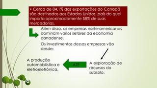 • Cerca de 84,1% das exportações do Canadá
são destinadas aos Estados Unidos, país do qual
importa aproximadamente 58% de suas
mercadorias.
Além disso, as empresas norte-americanas
dominam vários setores da economia
canadense.
Os investimentos dessas empresas vão
desde:
A produção
automobilística e
eletroeletrônica.
A exploração de
recursos do
subsolo.
ATÉ
 