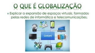 Explicar a expansão de espaços virtuais, formados
pelas redes de informática e telecomunicações.
 