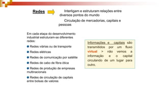 Redes Interligam e estruturam relações entre
diversos pontos do mundo
Circulação de mercadorias, capitais e
pessoas
Informações e capitais são
transmitidos por um fluxo
virtual > não vemos a
informação e o capital
circulando de um lugar para
outro.
Em cada etapa do desenvolvimento
industrial estruturam-se diferentes
redes:
Redes viárias ou de transporte
Redes elétricas
Redes de comunicação por satélite
Redes de cabo de fibra ótica
Redes de produção de empresas
multinacionais
Redes de circulação de capitais
entre bolsas de valores
 