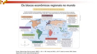 Os blocos econômicos regionais no mundo
Fonte: Ciência Hoje. Rio de Janeiro: SBPC, v. 30. n. 180, março de 2002. p. 26-7/ L’état du monde, 2005. Dados
disponíveis no site <www.mercosul.gov.br>
 