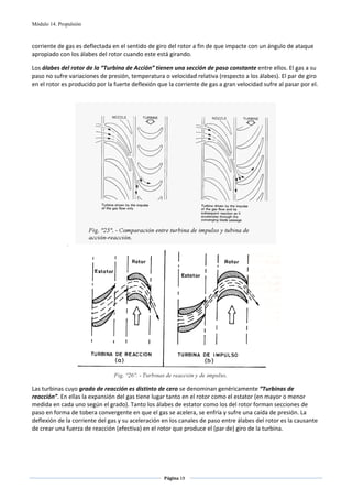 Módulo 14. Propulsión



corriente de gas es deflectada en el sentido de giro del rotor a fin de que impacte con un ángulo de ataque 
apropiado con los álabes del rotor cuando este está girando. 

Los álabes del rotor de la “Turbina de Acción” tienen una sección de paso constante entre ellos. El gas a su 
paso no sufre variaciones de presión, temperatura o velocidad relativa (respecto a los álabes). El par de giro 
en el rotor es producido por la fuerte deflexión que la corriente de gas a gran velocidad sufre al pasar por el.                        

                                                              




                                                                                                        




                                                                                                            
Las turbinas cuyo grado de reacción es distinto de cero se denominan genéricamente “Turbinas de 
reacción”. En ellas la expansión del gas tiene lugar tanto en el rotor como el estator (en mayor o menor 
medida en cada uno según el grado). Tanto los álabes de estator como los del rotor forman secciones de 
paso en forma de tobera convergente en que el gas se acelera, se enfría y sufre una caída de presión. La 
deflexión de la corriente del gas y su aceleración en los canales de paso entre álabes del rotor es la causante 
de crear una fuerza de reacción (efectiva) en el rotor que produce el (par de) giro de la turbina. 




                                                        Página 19  
                                                                       
                                                                       
 