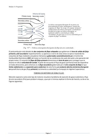 Módulo 14. Propulsión




                                                                                                       
El postcombustor está dotado de dos conjuntos de flaps solapados que gobiernan el área de salida del flujo 
primario y del secundario respectivamente. La apertura o cierre de estas áreas se ejerce moviendo los 
conjuntos de flaps mediante actuadores hidráulicos gobernados automáticamente por el Control de 
Combustible Electrónico (EEC) del motor en función de las condiciones de vuelo del avión y de operación del 
propio motor. El conjunto de flaps del flujo primario dimensiona el área de paso para conseguir que se 
alcance en ella la velocidad del sonido. A partir de ese punto el flujo de gases (primario) trata de expandirse 
en todas direcciones, pero entonces es el flujo secundario gobernado por el otro conjunto de flaps el que 
limita radialmente esa expansión para conformar de esta forma un conducto efectivo de forma divergente 
en que el chorro de gas (flujo primario) incrementa su velocidad (y el empuje) en régimen supersónico. 

                                  TOBERAS EN MOTORES DE DOBLE FLUJO: 

Mención especial a como este tipo de motores resuelve el problema de eyección de gases (calientes) y flujo 
de aire secundario (frío) para producir empuje, y que por si mismas explican la forma de hacerlo, se da en las 
Figuras siguientes: 




                                                   Página 27  
                                                                  
                                                                  
 