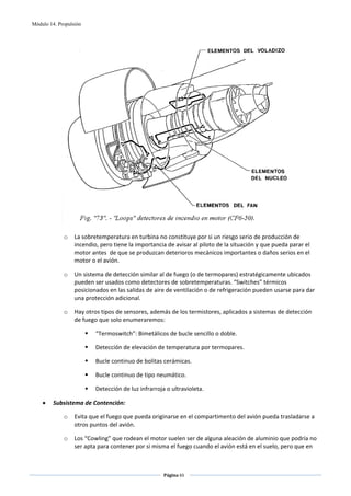 Módulo 14. Propulsión




                                                                                                                                        
             o    La sobretemperatura en turbina no constituye por si un riesgo serio de producción de 
                  incendio, pero tiene la importancia de avisar al piloto de la situación y que pueda parar el 
                  motor antes  de que se produzcan deterioros mecánicos importantes o daños serios en el 
                  motor o el avión. 

             o    Un sistema de detección similar al de fuego (o de termopares) estratégicamente ubicados 
                  pueden ser usados como detectores de sobretemperaturas. “Switches” térmicos 
                  posicionados en las salidas de aire de ventilación o de refrigeración pueden usarse para dar 
                  una protección adicional. 

             o    Hay otros tipos de sensores, además de los termistores, aplicados a sistemas de detección 
                  de fuego que solo enumeraremos: 

                          “Termoswitch”: Bimetálicos de bucle sencillo o doble. 

                          Detección de elevación de temperatura por termopares. 

                          Bucle continuo de bolitas cerámicas.                                                                                                             

                          Bucle continuo de tipo neumático. 

                          Detección de luz infrarroja o ultravioleta. 

    •    Subsistema de Contención: 

             o    Evita que el fuego que pueda originarse en el compartimento del avión pueda trasladarse a 
                  otros puntos del avión. 

             o    Los “Cowling” que rodean el motor suelen ser de alguna aleación de aluminio que podría no 
                  ser apta para contener por si misma el fuego cuando el avión está en el suelo, pero que en 


                                                                Página 65  
                                                                                  
                                                                                  
 