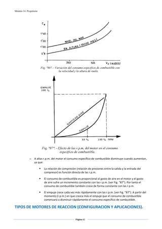 Módulo 14. Propulsión




                                                                                           




                                                                                           
             o    A altas r.p.m. del motor el consumo específico de combustible disminuye cuando aumentan, 
                  ya que: 

                         La relación de compresión (relación de presiones entre la salida y la entrada del 
                         compresor) es función directa de las r.p.m. 

                         El consumo de combustible es proporcional al gasto de aire en el motor y el gasto 
                         de aire sufre un incremento constante con las r.p.m. (ver Fig. “87”). Por tanto el 
                         consumo de combustible también crece de forma constante con las r.p.m. 

                         El empuje crece cada vez más rápidamente con las r.p.m. (ver Fig. “87”). A partir del 
                         momento (r.p.m.) en que crezca más el empuje que el consumo de combustible 
                         comenzará a disminuir rápidamente el consumo específico de combustible. 

TIPOS DE MOTORES DE REACCION (CONFIGURACION Y APLICACIONES). 

                                                   Página 82  
                                                                  
                                                                  
 