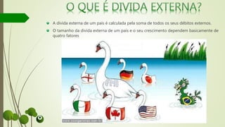 A divida externa de um país é calculada pela soma de todos os seus débitos externos.
O tamanho da divida externa de um país e o seu crescimento dependem basicamente de
quatro fatores
 