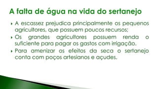  A escassez prejudica principalmente os pequenos
agricultores, que possuem poucos recursos;
 Os grandes agricultores possuem renda o
suficiente para pagar os gastos com irrigação.
 Para amenizar os efeitos da seca o sertanejo
conta com poços artesianos e açudes.
 