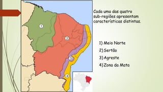 1) Meio Norte
2)Sertão
3)Agreste
4)Zona da Mata
Cada uma das quatro
sub-regiões apresentam
características distintas.
 