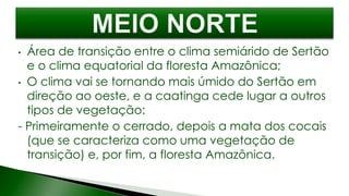 • Área de transição entre o clima semiárido de Sertão
e o clima equatorial da floresta Amazônica;
• O clima vai se tornando mais úmido do Sertão em
direção ao oeste, e a caatinga cede lugar a outros
tipos de vegetação:
- Primeiramente o cerrado, depois a mata dos cocais
(que se caracteriza como uma vegetação de
transição) e, por fim, a floresta Amazônica.
 