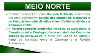  Também conhecido como Nordeste Ocidental, é formado
por uma significativa porção dos estados do Maranhão e
do Piauí, de transição climática entre o Sertão semiárido e a
Amazônia úmida.
 A Floresta Equatorial predomina no oeste do Meio-Norte, o
Cerrado ao sul, a Caatinga a Leste e a Mata dos Cocais de
Babaçu no centro-oeste. A Mata dos Cocais de Babaçu,
mata de transição entre a Caatinga e a Floresta
Amazônica.
 