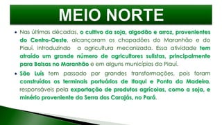  Nas últimas décadas, o cultivo da soja, algodão e arroz, provenientes
do Centro-Oeste, alcançaram os chapadões do Maranhão e do
Piauí, introduzindo a agricultura mecanizada. Essa atividade tem
atraído um grande número de agricultores sulistas, principalmente
para Balsas no Maranhão e em alguns municípios do Piauí.
 São Luís tem passado por grandes transformações, pois foram
construídos os terminais portuários de Itaqui e Ponta da Madeira,
responsáveis pela exportação de produtos agrícolas, como a soja, e
minério proveniente da Serra dos Carajás, no Pará.
 