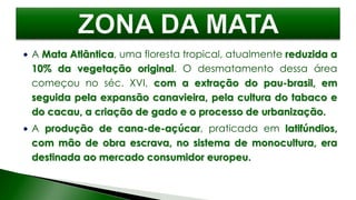  A Mata Atlântica, uma floresta tropical, atualmente reduzida a
10% da vegetação original. O desmatamento dessa área
começou no séc. XVI, com a extração do pau-brasil, em
seguida pela expansão canavieira, pela cultura do tabaco e
do cacau, a criação de gado e o processo de urbanização.
 A produção de cana-de-açúcar, praticada em latifúndios,
com mão de obra escrava, no sistema de monocultura, era
destinada ao mercado consumidor europeu.
 