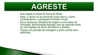 • Sub-região a oeste da Zona da Mata;
• Nela, o clima vai se tornando mais seco e, como
consequência, a paisagem também muda;
• Essa mudança climática dá origem a uma faixa de
transição, denominada Agreste, que se estende entre
as sub-regiões da Zona da Mata e o Sertão.
• Possui um período de estiagem e outro úmido bem
definidos.
 