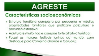  Estrutura fundiária composta por pequenas e médias
propriedades familiares que praticam policultura e
pecuária extensiva;
 Acultura é muito rica e compõe forte atrativo turístico;
 Possui os maiores festivais juninos do mundo, com
destaque para Campina Grande e Caruaru;
 