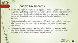 Tipos de Orçamentos
 Atualmente, e com a constante alteração dos mercados, complexidade dos
negócios e globalização dos mercados, os gestores e as empresas procuraram
alterar os seus métodos administrativos, apurar as técnicas e atualizar os
programas de apoio à orçamentação para melhor otimização dos seus
recursos.
 Estes novos paradigmas reestabeleceram diferentes necessidades e métodos
para elaborar os orçamentos e consequentemente novas tipologias de
orçamentos.
 Embora as caraterísticas e as técnicas sejam distintas, o objetivo será o
mesmo: alcançar os melhores resultados possíveis e apoiar a tomada de
decisão e avaliação do desempenho organizacional.
 
